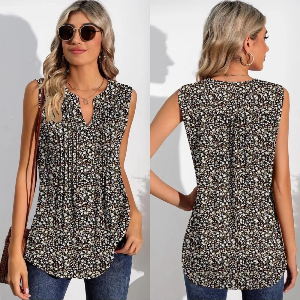 Sleeveless Pleated Tunic V Neck